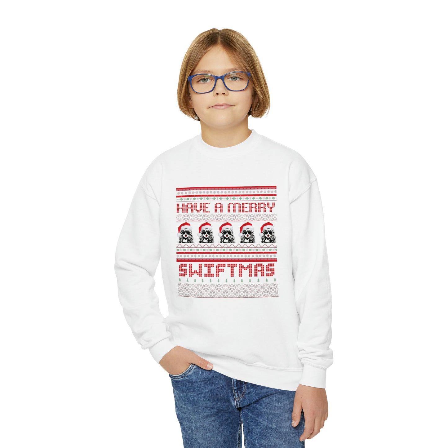 Youth Merry Swiftmas Fair Isle Ugly Christmas Sweater Sweatshirt - Taylor Swift Holiday Apparel, Youth Swiftie Shirt