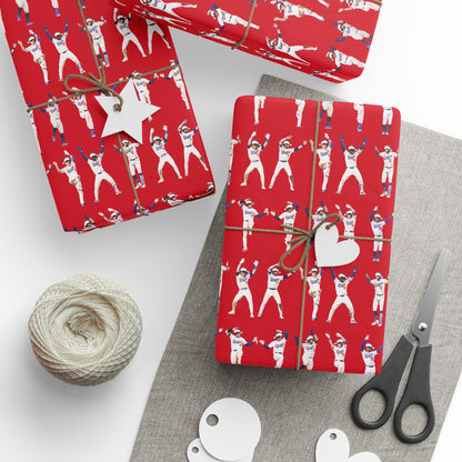 Boys in Blue Holiday Wrapping Paper, Baseball Wrapping Paper - Celebration Dance Edition, RED