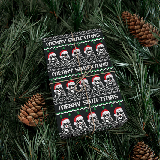 Black Taylor Swift "Merry Swiftmas" Christmas Wrapping Paper, Swiftie Holiday Gift Wrap, Taylor Swift Gift, Fair Isle Sweater