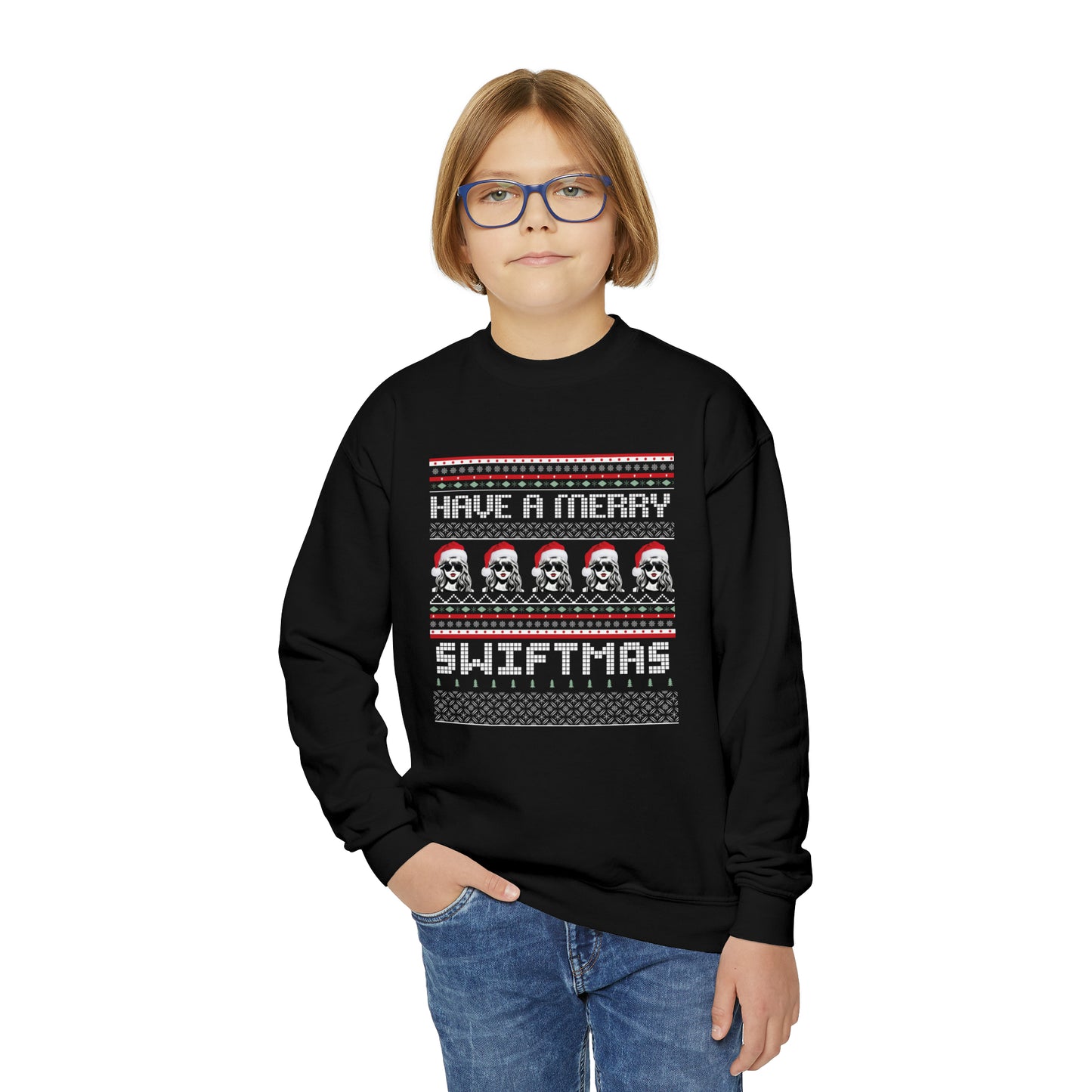 Youth Merry Swiftmas Fair Isle Ugly Christmas Sweater Sweatshirt - Taylor Swift Holiday Apparel, Youth Swiftie Shirt