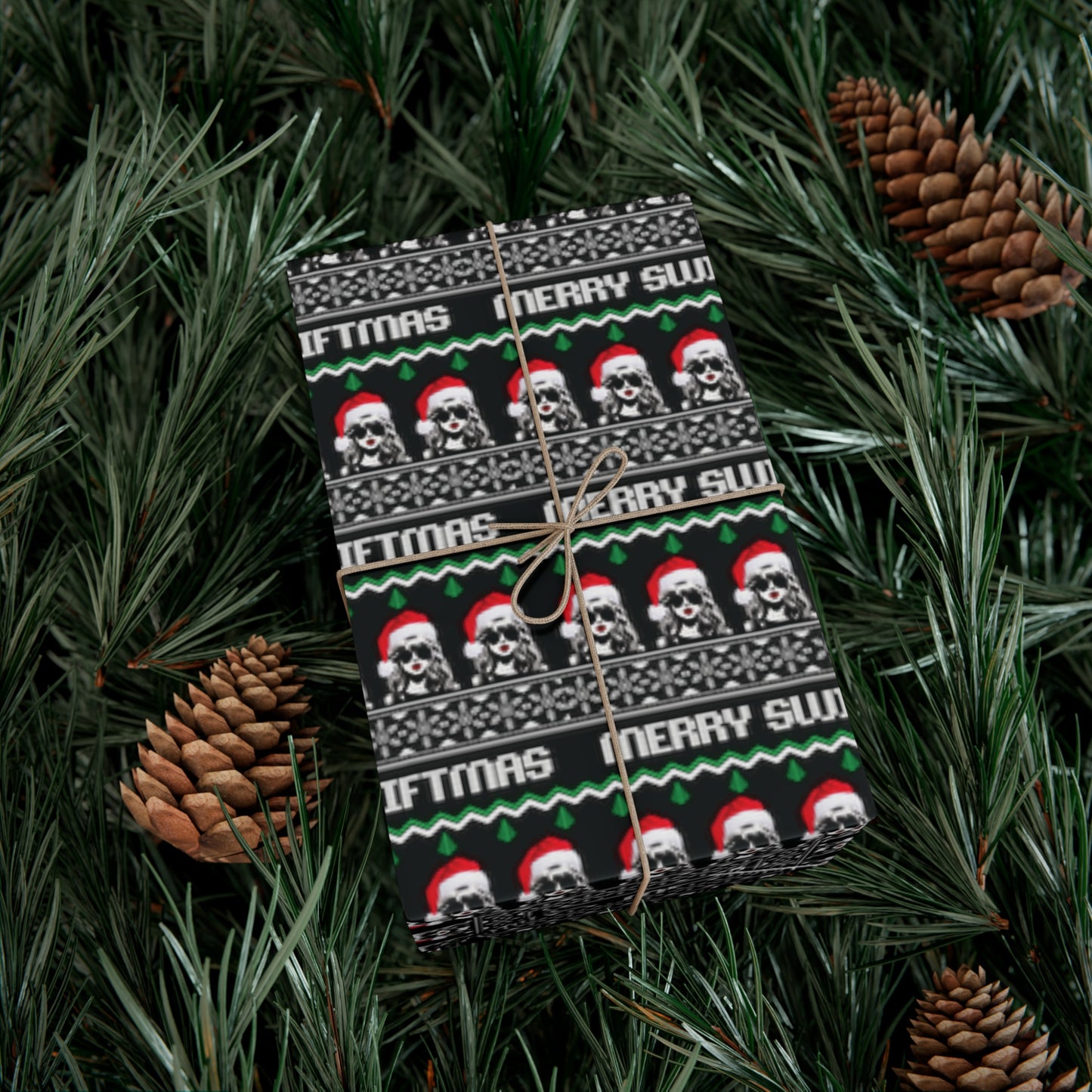 Black Taylor Swift "Merry Swiftmas" Christmas Wrapping Paper, Swiftie Holiday Gift Wrap, Taylor Swift Gift, Fair Isle Sweater