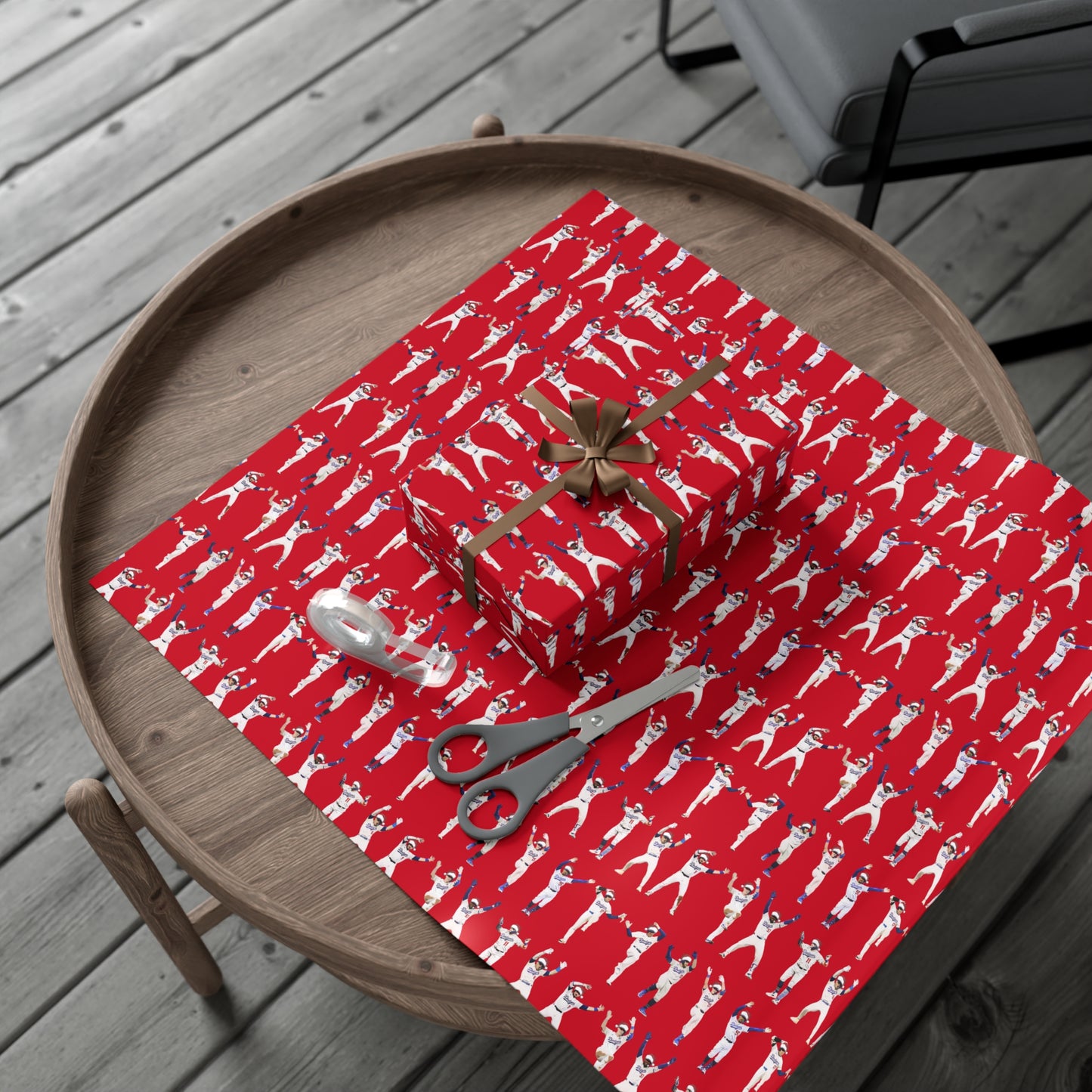 Boys in Blue Holiday Wrapping Paper, Baseball Wrapping Paper - Celebration Dance Edition, Red